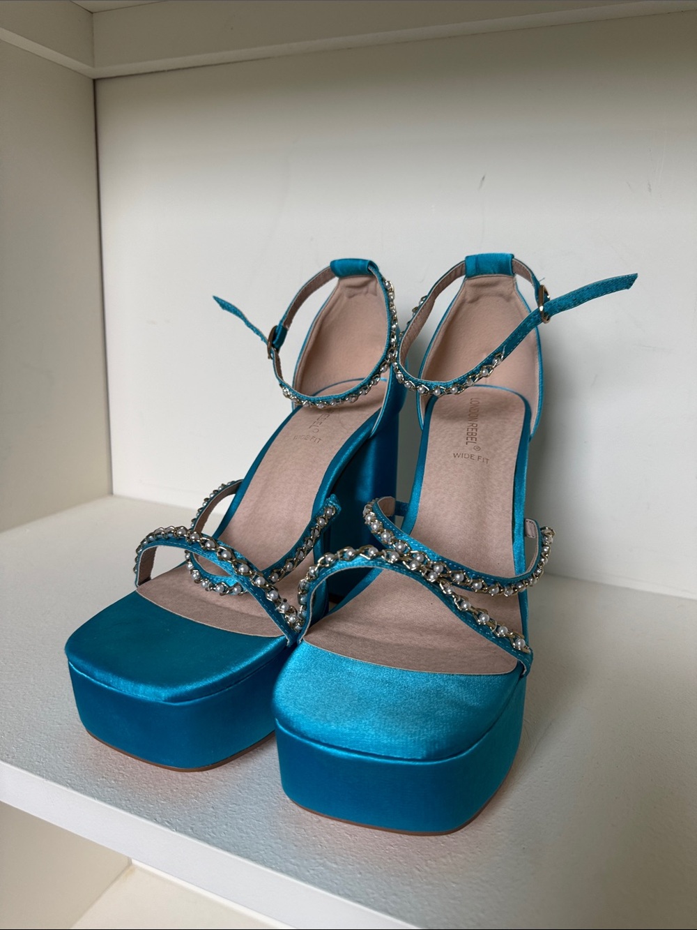London Rebel Satin Platform Sandals with Crystal-Strap Detail - Wide Fit